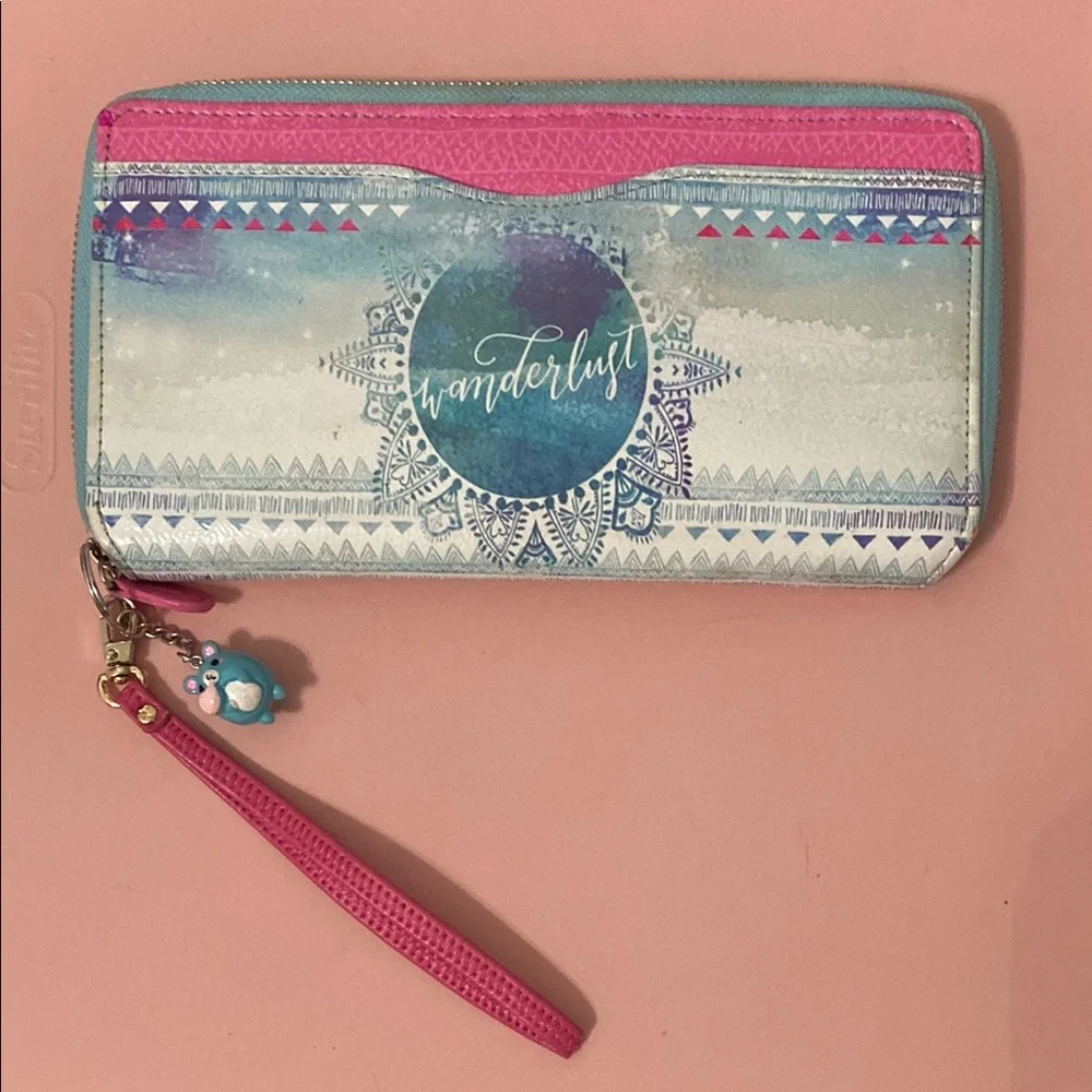 Wanderlust Pink & Teal Watercolor Mandala Zip Wristlet